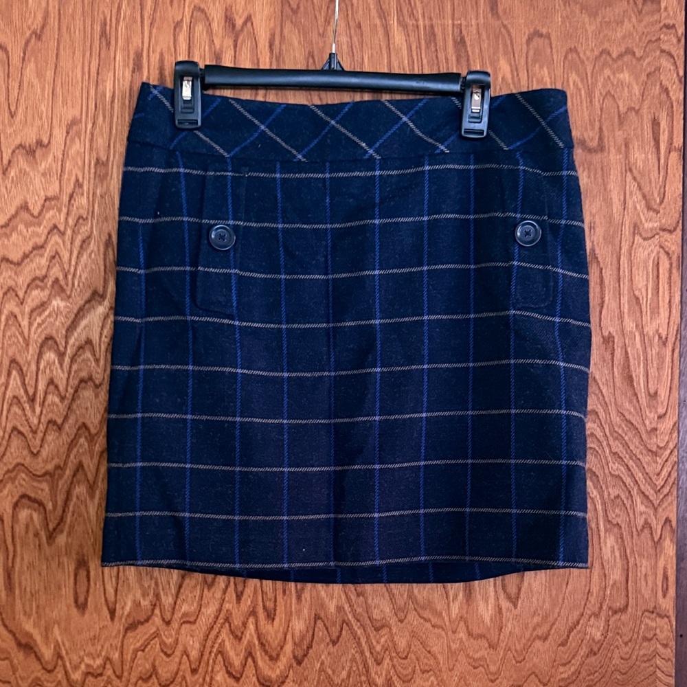 LOFT Dark Blue Checkered Wool Mini Skirt